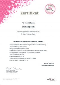 Zertifikat von Maria Specht für die Teilnahme am Oticon Symposium 2016